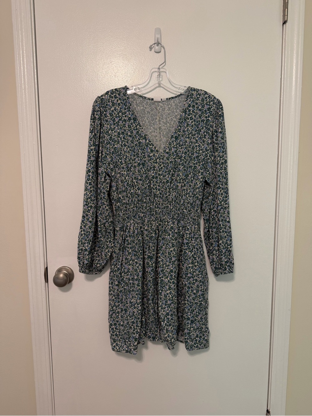 GAP Teal Floral V-Neck Long Sleeve Mini Dress